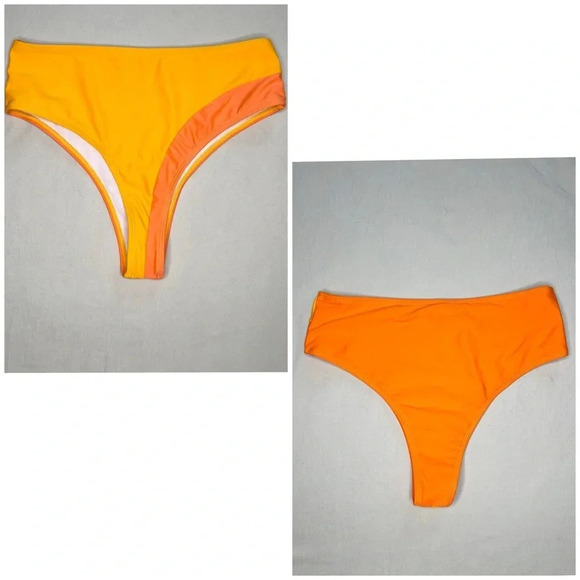 SHEIN Women's High-Waisted Colorblock Bikini Bottoms Size M Orange Yellow - Picture 1 of 6